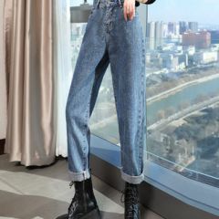 老爹牛仔裤女高腰直筒宽松春秋显瘦2021年新款小个子哈伦萝卜裤子